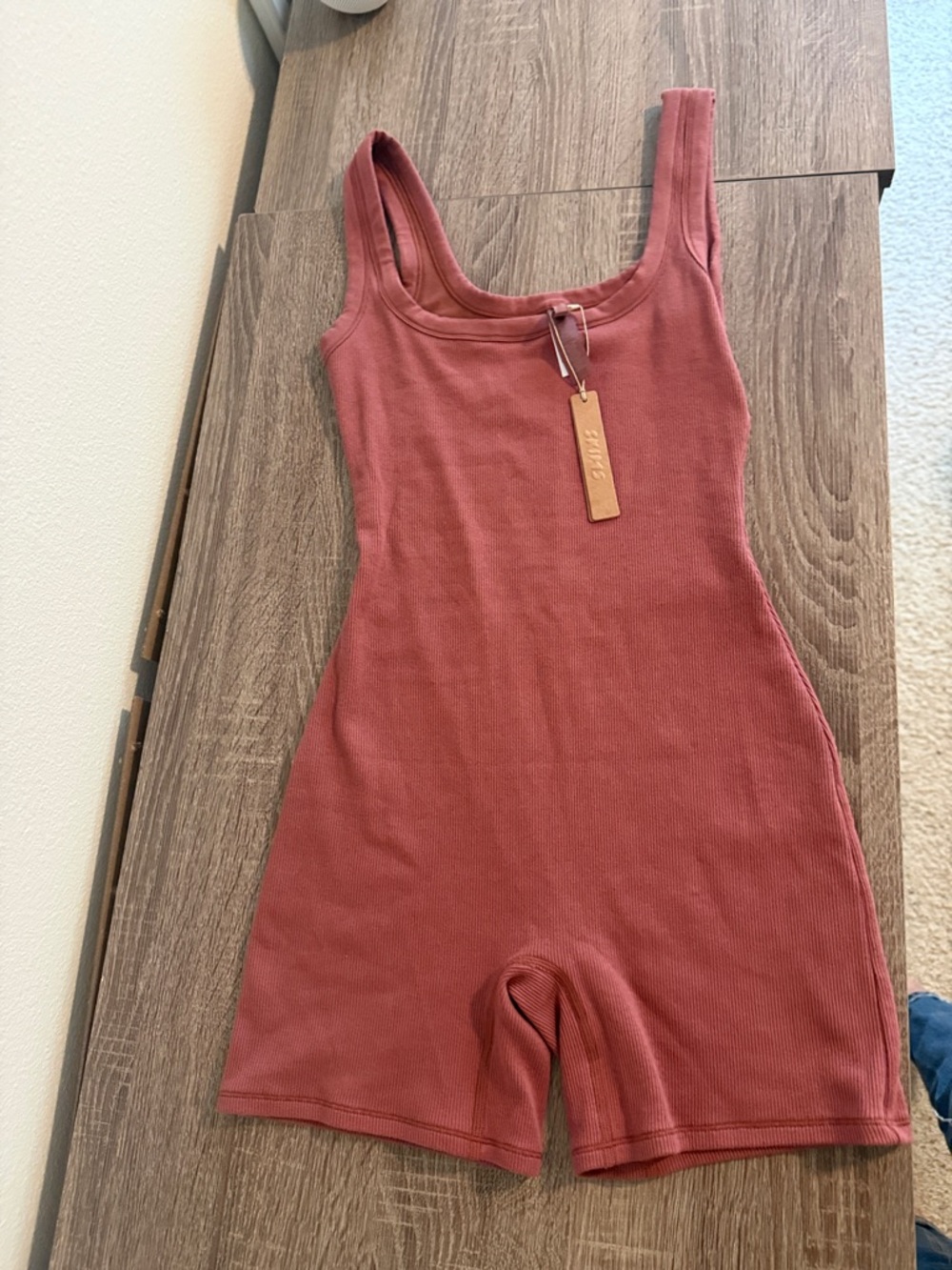SKIMS Ribbed Tank Romper in Dusty Rose Mauve